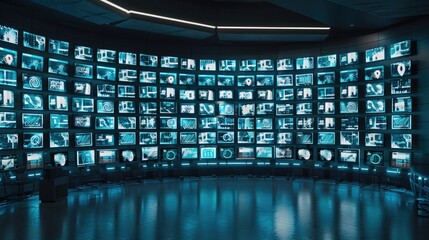 A wall of digital screens displays a variety of data and images, including a world map, charts, and other visual information