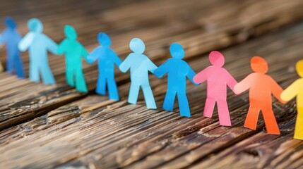 Colorful paper cut-out human figures holding hands, forming a chain on a table.