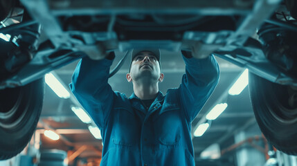 Car mechanic worker wearing a blue uniform and a cap, standing under the car in a modern garage room, and repairing or fixing automobile vehicle parts. Technician service and maintenance occupation