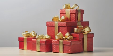 A stack of red gift boxes with gold bows and ribbon AI-Generated Content