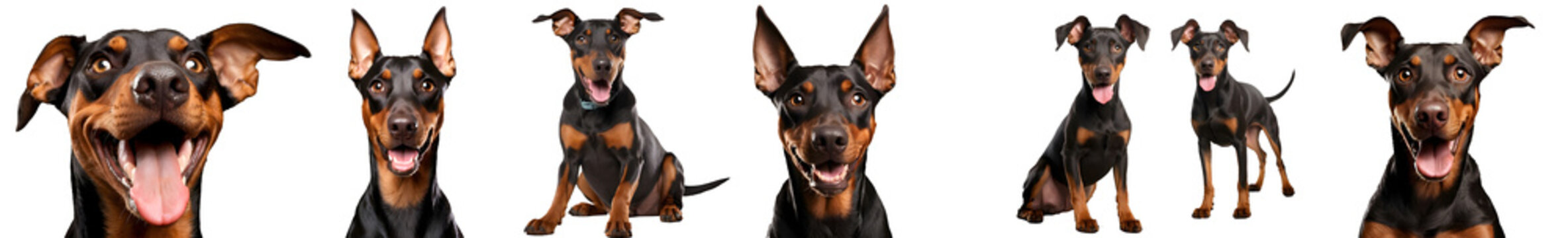 un perro doberman feliz sonriendo a la camara, con la lengua de fuera