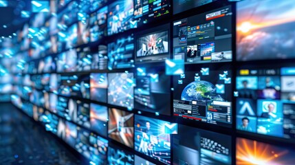 A wall of digital screens displays a variety of data and images, including a world map, charts, and other visual information