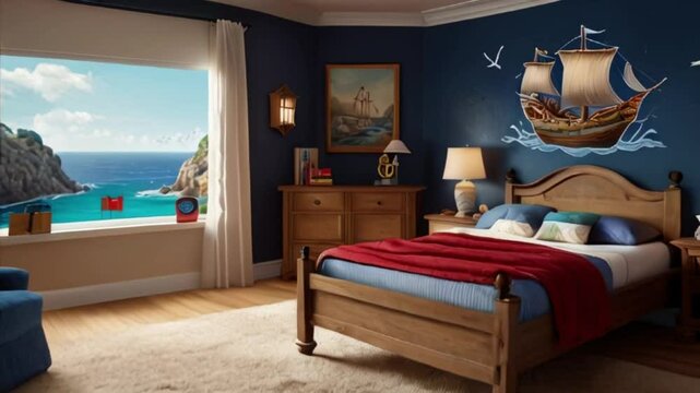 Inspiration for a child's room with a pirate theme, there is a painting in the shape of a pirate ship with blue walls.
