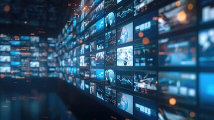 A wall of digital screens displays a variety of data and images, including a world map, charts, and other visual information