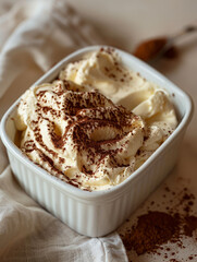 A bowl of whipped cream with cocoa powder topping.