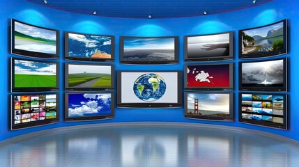 A wall of digital screens displays a variety of data and images, including a world map, charts, and other visual information