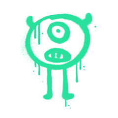 Graffiti spray monster for halloween with spray texture. One-eyed cute character on white background for banner, decoration, street art. Childish Vector illustration.