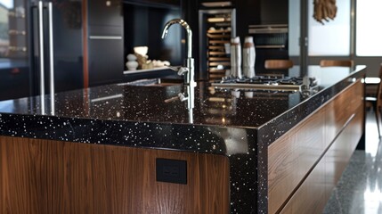 Modern kitchen island with black countertop and walnut cabinets.