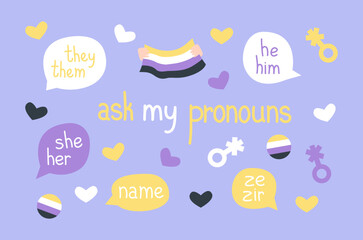 Naklejka premium A set of stickers on the topic of non-binary. Using gender-neutral pronouns