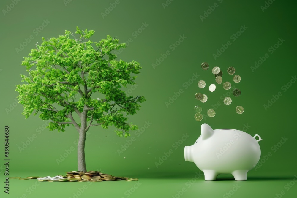 Poster a white piggy bank stands on the right, next to it is an open tree from which coins fall