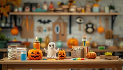Obraz premium A festive Halloween craft table with carved pumpkins, candles, ghost decor, and various crafting supplies in a cozy workshop setting.