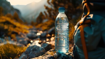  A plastic water bottle placed on a rocky surface in an outdoor setting, with mountains and nature in the background