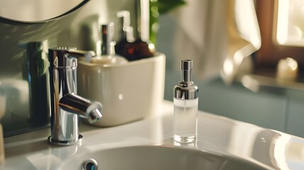 A sleek, modern soap dispenser on a bathroom counter, with a blurred background of a sink and faucet