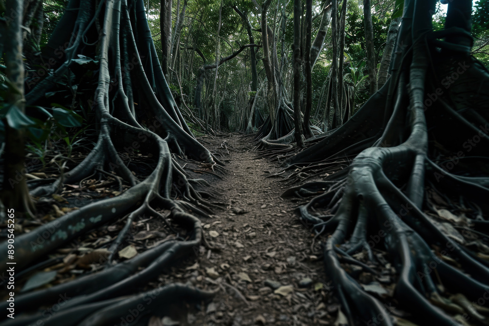 Poster a dark forest with a path made of roots. the roots are twisted and gnarled, creating a sense of myst