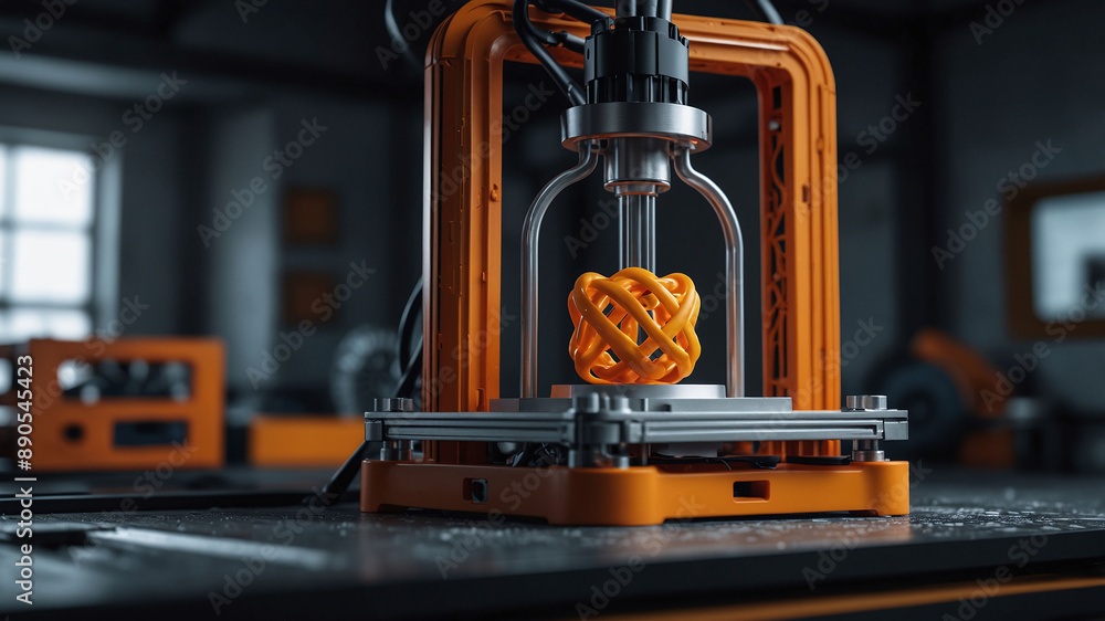 Poster 3d printer creating intricate orange geometric design in modern workshop