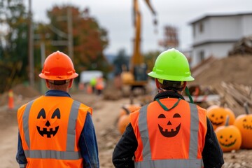 Construction workers wearing Halloween-themed safety vests with pumpkins in the background, celebrating the holiday while on the job site.