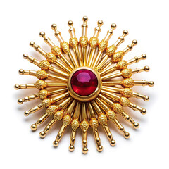Brooch with a red stone in the shape of a sun, a symbol of warmth and light