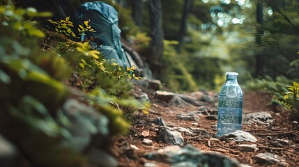 Obraz premium A plastic water bottle on a forest trail, surrounded by greenery and nature.
