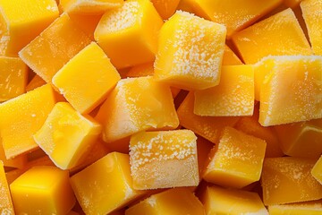 Frozen Diced Mango Pieces in a Close-Up View, Showing Frosted Edges and Bright Orange Color