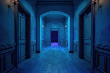 Fototapeta premium Dimly lit eerie hallway with doors on the sides leading to a vividly lit room, creating a mysterious and intriguing atmosphere.