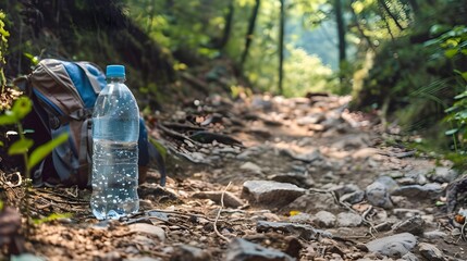 Obraz premium A plastic water bottle rests on a forest path, surrounded by trees and natural light.