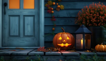 Obraz premium Festive Halloween front porch with carved glowing pumpkin, lantern, and mums, capturing the essence of autumn and holiday spirit.