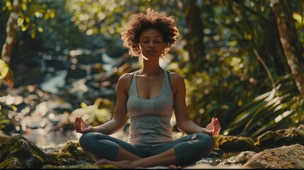 A healthy woman embraces a balanced lifestyle, practicing meditation and yoga outdoors, connecting with nature. This mindful approach promotes well-being and inner peace.