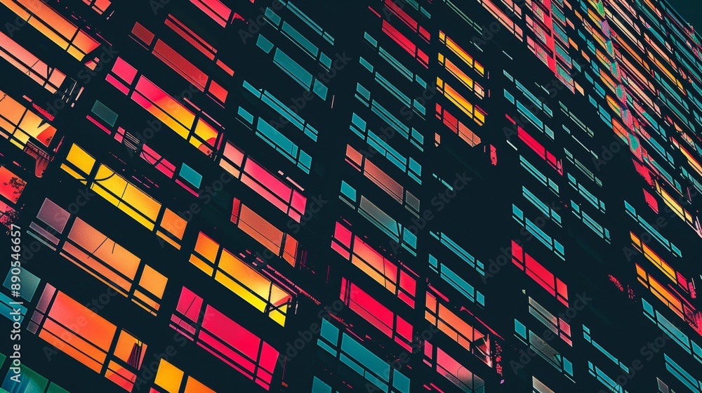 Poster abstract colorful modern building pattern on black background for design, featuring vibrant geometri