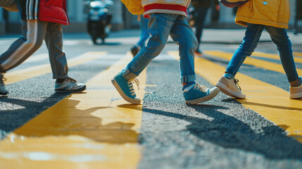Close-up of schoolchildren safely crossing the street at a marked pedestrian crossing on their way to school. 