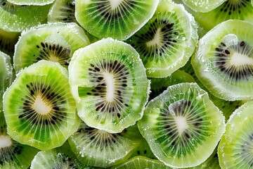 Frozen Sliced Kiwi Fruit in a Close-Up View, Displaying Frosty Texture and Bright Green Flesh