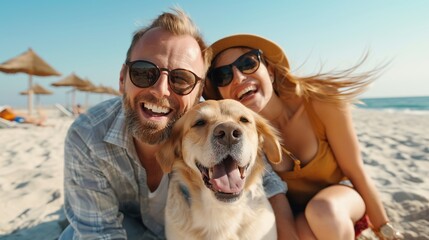 Smiling couple with sunglasses and golden retriever dog taking a selfie on a sunny beach with umbrellas and sea in the background.