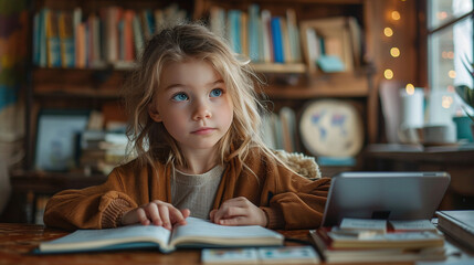 A young child sitting at a desk surrounded by books -  child learning concept. 