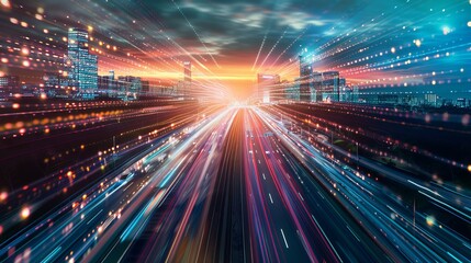 Data moves quickly on a road, creating the illusion of speed. This shows how digital transformation, new ideas, and quick business methods will change the future.