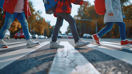 Close-up of schoolchildren safely crossing the street at a marked pedestrian crossing on their way to school. 