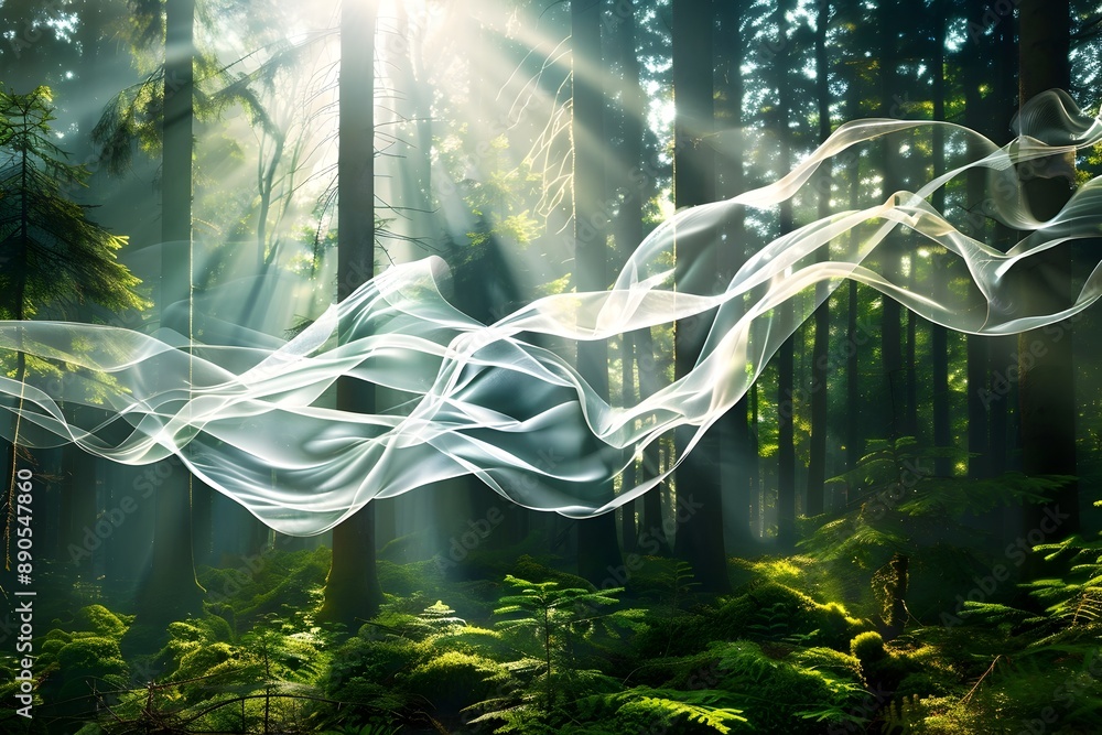 Sticker Ethereal Fibers Drifting Through a Serene Forest Landscape