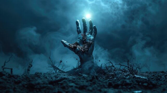 A creepy zombie hand emerging from the ground at night, surrounded by eerie fog and glowing moonlight. Halloween horror background with a dark and ominous atmosphere