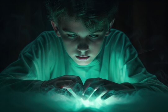 Young boy gazing intently at glowing light in darkness, creating a mystical and magical atmosphere.