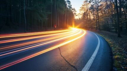 Data moves quickly on a road, creating the illusion of speed. This shows how digital transformation, new ideas, and quick business methods will change the future.