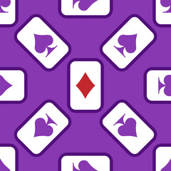 Purple falling playing cards seamless pattern. Poker and Wonderland