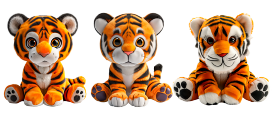 Three cute cartoon style baby tiger soft toys, smiling and wide eyed, big bright eyes and fluffy ears, isolated with a transparent background. .