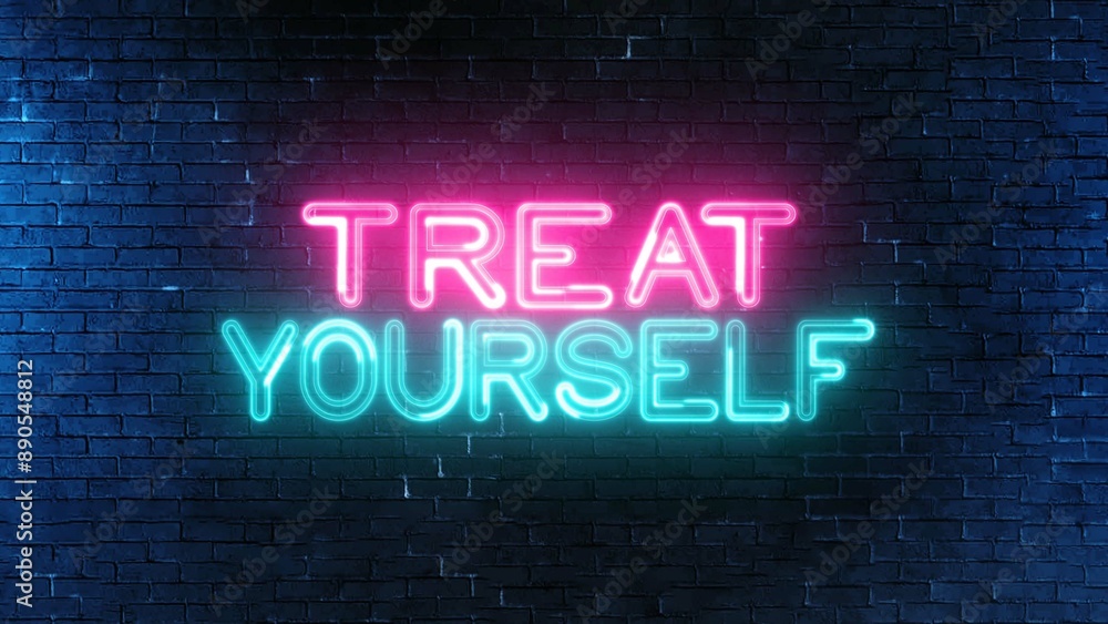 Poster treat yourself text font with neon light. luminous and shimmering haze inside the letters of the tex