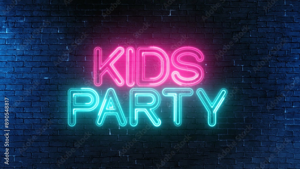 Poster kids party text font with neon light. luminous and shimmering haze inside the letters of the text ki