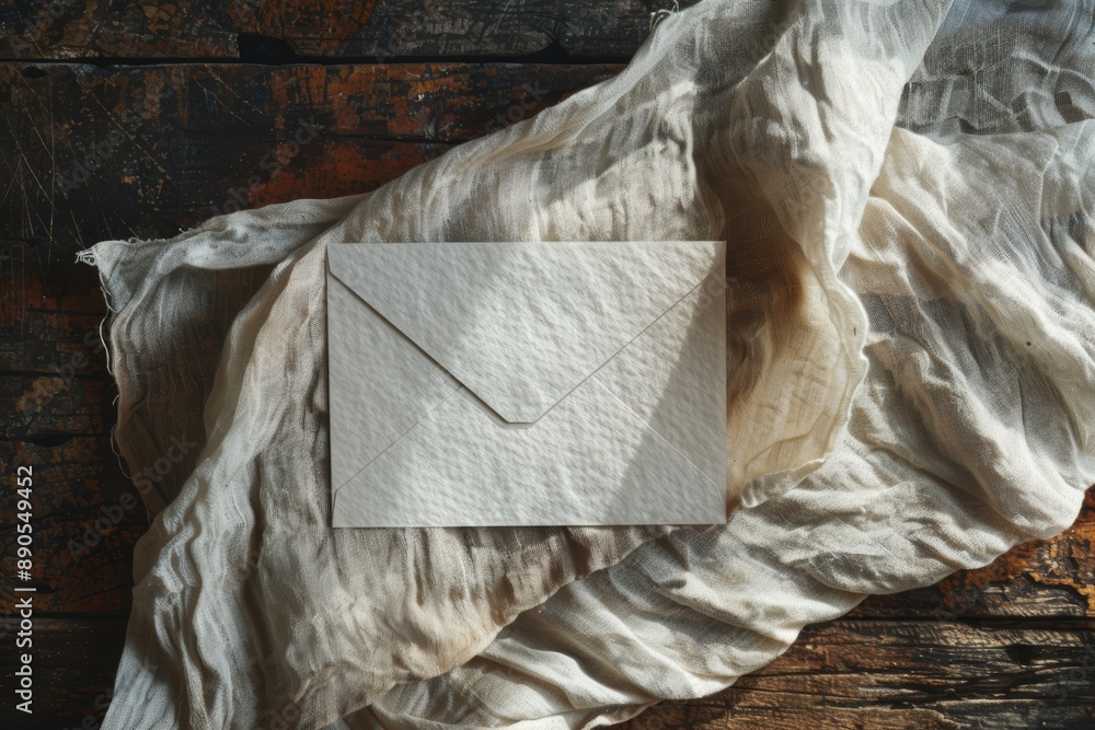 Poster template concept. square blank card note with envelope on dark wood table rustic background with whi