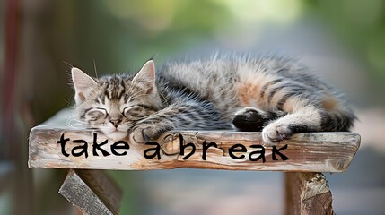 cute kitten sleeping on top of the words " take a break"
