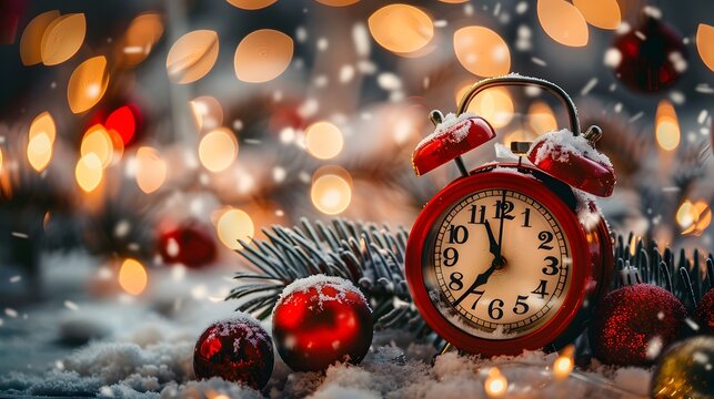 Red alarm clock on a Christmas background concept for holiday time management or festive celebration concepts.