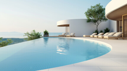 Fototapeta premium Luxurious outdoor swimming pool with modern lounge chairs, white contemporary architecture, overlooking a scenic landscape with hills and water under a clear sky.