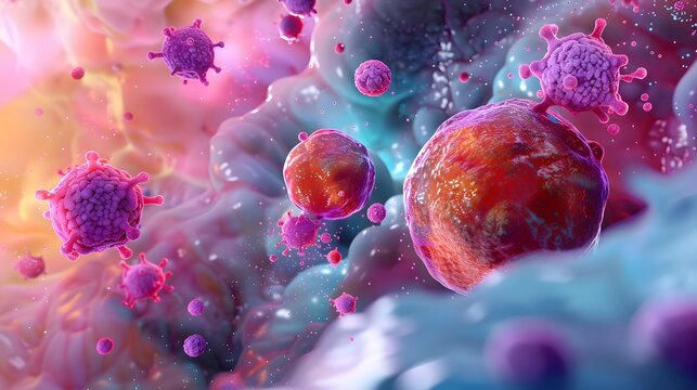 illustration showing cancer cells and white printed T-706 attacking the healthy cell