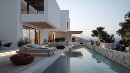 Fototapeta premium Modern luxury villa with a swimming pool, lounge area, and sunbeds. The contemporary architectural design includes large windows and a minimalist aesthetic.