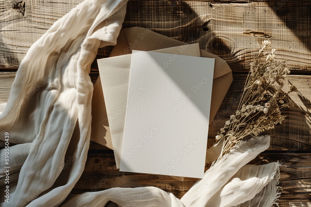 Poster mockup presentation with square blank card note and envelope on rustic wood table with white cloth a