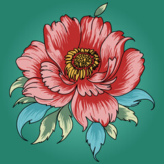 peony, painted vector illustration of a large peony flower opening, in the style of vintage embroidery on fabric